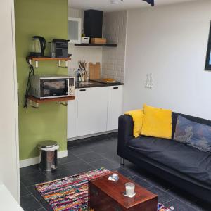 a living room with a black couch and a kitchen at Tiny house Wassenaar in Wassenaar
