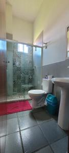 een badkamer met een douche, een toilet en een wastafel bij SUÍTE Nº 4 - próximo a feira da sulanca caruaru-PE in Caruaru