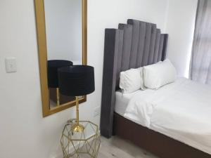 Dormitorio con cama con espejo y lámpara en Sophiscated Upmarket One Bedroom Apartment, en Johannesburgo