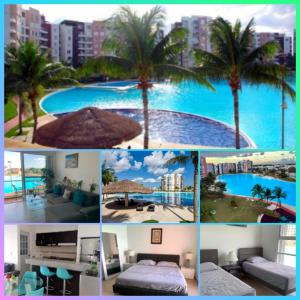 eine Collage mit Fotos eines Resorts mit Pool in der Unterkunft Departamento 'Hozanek' en Dream Lagoons Cancun in Cancún