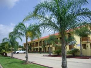 a hotel with palm trees in front of a building at Americas Best Value Inn & Suites-Alvin/Houston in Alvin