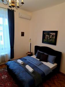 Schlafzimmer mit einem Bett mit blauer Bettwäsche und einem Fenster in der Unterkunft Weisz Apartment - Free Private Parking,Wifi in Carei