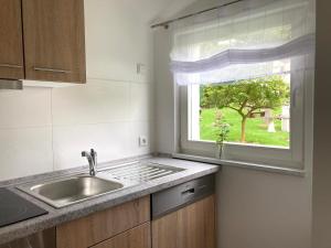 eine Küche mit einem Waschbecken und einem Fenster in der Unterkunft Ferienwohnung "Am Kirchsteig" in Kurort Gohrisch