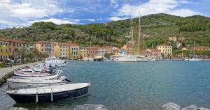 een groep boten is aangemeerd in een haven bij CasAmare Portovenere in Portovenere