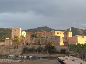 a large castle with a river in front of it at Michelet in Collioure