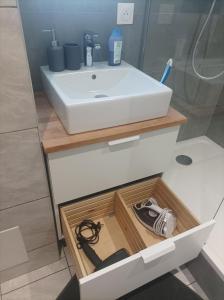 een badkamer met een wastafel en een lade onder een wastafel bij Sweet Home in Mulhouse +50 foto's