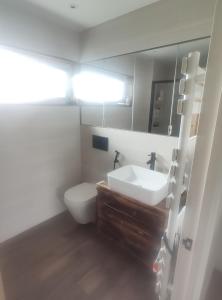 a bathroom with a toilet and a sink and a mirror at Single bedroom in quiet neighbourhood in Mount Vernon