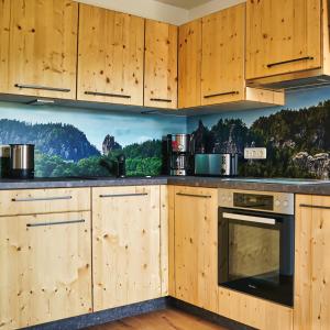 a kitchen with wooden cabinets and a mural on the wall at Sandsteinidyll in Rathen