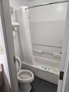 y baño pequeño con aseo y bañera. en budgetel Inn & Suites en Moody