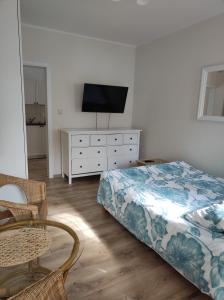 een slaapkamer met een bed en een televisie op een dressoir bij Kamionka in Sopot