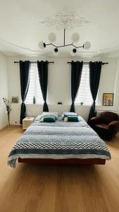 HochfeldenにあるCharmant appartement au coeur de Hochfeldenのベッドルーム1室(黒いカーテン付きの大型ベッド1台付)