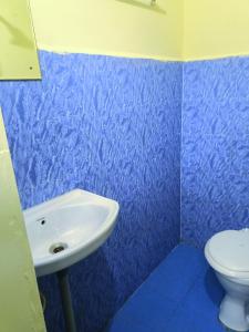 Baño azul con lavabo y aseo en Colva Beach Samaira GuestHouse & Apartments, en Colva