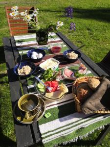 Konnevesi的住宿－Suopirtti bed & breakfast，一张野餐桌,上面放着食物盘