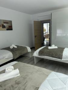 a bedroom with two beds and a mirror at Charme et confort in Mulhouse