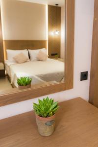 a bedroom with a bed with a large mirror at Nissos Apartments in Myrina