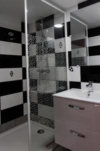 een zwart-witte badkamer met een wastafel en een douche bij La Douce Cathare in Carcassonne
