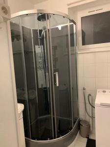 un bagno con doccia e porta in vetro di Appartement meublé proche du centre - Wifi/Parking a Clermont-Ferrand