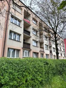 um edifício alto com uma sebe à sua frente em Apartament Dąbrowskiego - Gliwice em Gliwice