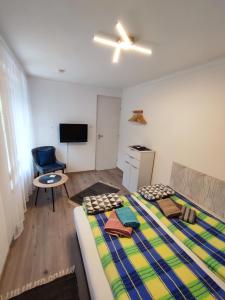 Schlafzimmer mit einem Bett, einem Schreibtisch und einem TV in der Unterkunft Apartman Valentin in Siófok