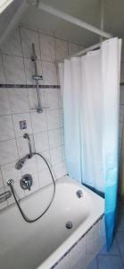 een badkamer met een douche met een wit douchegordijn bij Ferienwohnung Palmenwald in Freudenstadt