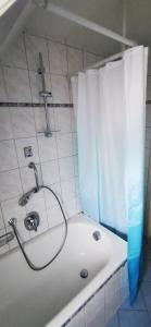 baño con ducha con cortina blanca en Ferienwohnung Palmenwald, en Freudenstadt