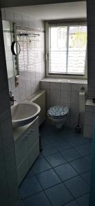 Un baño con lavabo, inodoro y ventana. en Ferienwohnung Palmenwald, en Freudenstadt