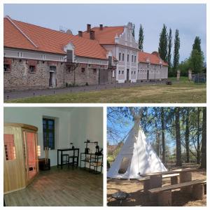 deux photos d'un bâtiment avec chapiteau et tente dans l'établissement Chateau Moravany - apartmány, teepee a wellness, à Ronow an der Doubrava
