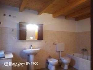 a bathroom with a sink and a toilet and a mirror at Segarati Relax Ca Perdissi in Bardi