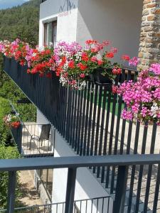 a balcony with a bunch of flowers on a railing at Pension Alpina in Roppen