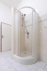 um chuveiro numa casa de banho com uma porta de vidro em Hotel Slovan Plzeň em Plzeň