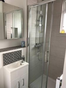 a bathroom with a shower and a sink at Gateway to the South Downs Near Brighton in Portslade