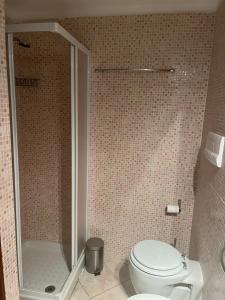 ein Bad mit einer Dusche, einem WC und einem Waschbecken in der Unterkunft Monolocale Cala Reale in Marinella
