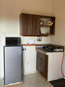 a small kitchen with a refrigerator and a microwave at Ahva I Residence in Jinja