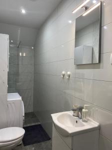 Baño blanco con lavabo y aseo en Apartma Azurre, en Postojna