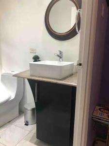 a bathroom with a sink and a mirror on the wall at The Exoria Cottage in Ocho Rios