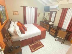a bedroom with a large bed and a mirror at The Exoria Cottage in Ocho Rios