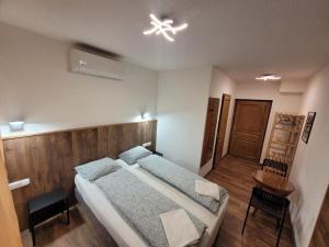 1 dormitorio con 1 cama y ventilador de techo en Kiskunlacháza 6, en Kiskunlacháza