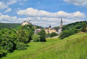 a green field with buildings on a hill with a town at Ferienwohnung Fleischer in Langenwetzendorf