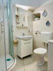 y baño con aseo, lavabo y ducha. en Apartments Villa Rosa, en Split