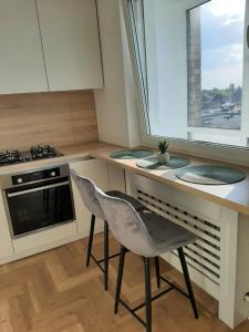 a kitchen with a counter with a chair and a stove at Visinskio apartamentai in Šiauliai