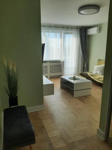 a living room with a bed and a coffee table at Visinskio apartamentai in Šiauliai