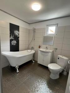 uma casa de banho com uma banheira, um WC e um lavatório. em House Of Beyoutiful Bocsa em Bocşa