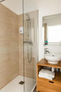 een badkamer met een douche en een wastafel bij Le Relais Des Templiers in Beaugency