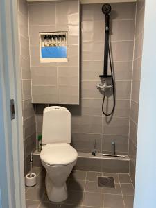 uma casa de banho com um WC e um chuveiro em Liten koselig hybel i Gamle Oslo em Oslo