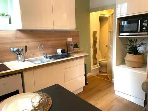 une cuisine avec un évier et un micro-ondes dans l'établissement Appartement calme et cosy, à Pau