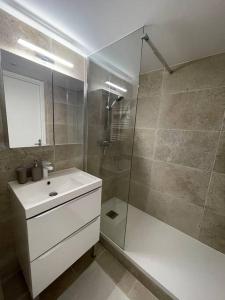a bathroom with a shower and a sink and a glass shower stall at La Gaillardine T2+mezzanine 35m2 in Roquebrune-sur-Argens