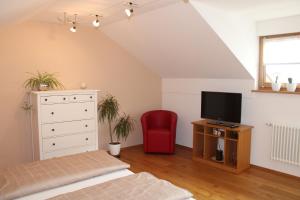 Schlafzimmer mit einem Bett, einem TV und einem roten Stuhl in der Unterkunft Ferienwohnung am Dreiseithof in Hauzenberg