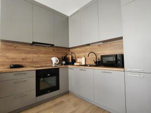 a kitchen with white cabinets and a black appliance at Dwa Jelonki, ul Ściegiennego, centrum, garaż, ogródek in Kielce