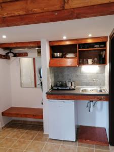 una piccola cucina con armadi in legno e lavandino di ΑΚ Studios Spitaki 3 a Ormos Panagias