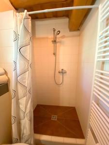 a bathroom with a shower with a shower curtain at Zrub Kaška in Čadca